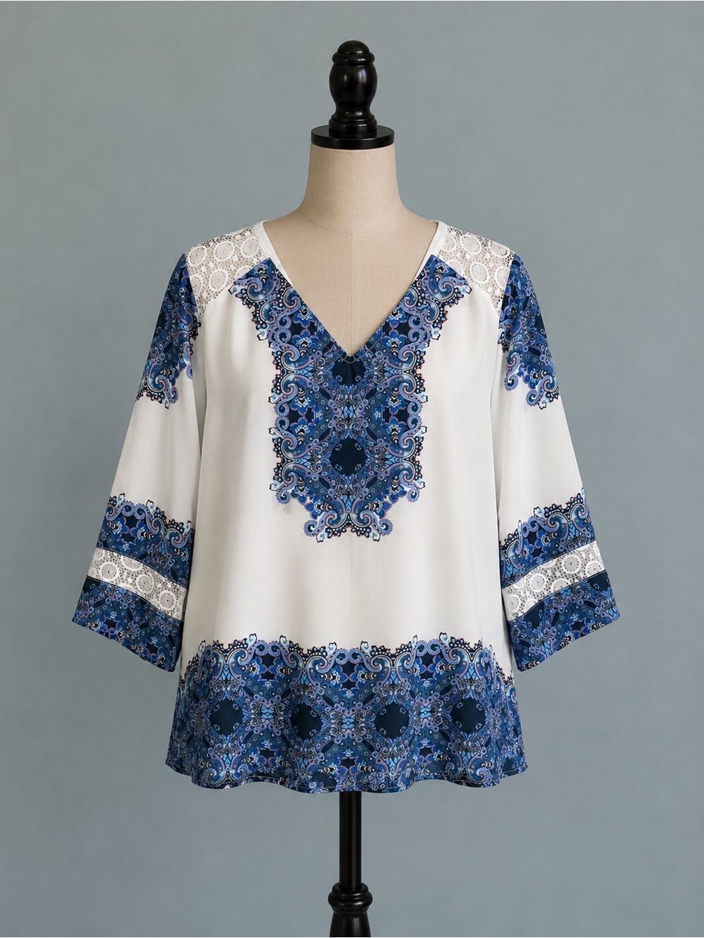 Blue and White Paisley V-Neck Lace-Trim Blouse